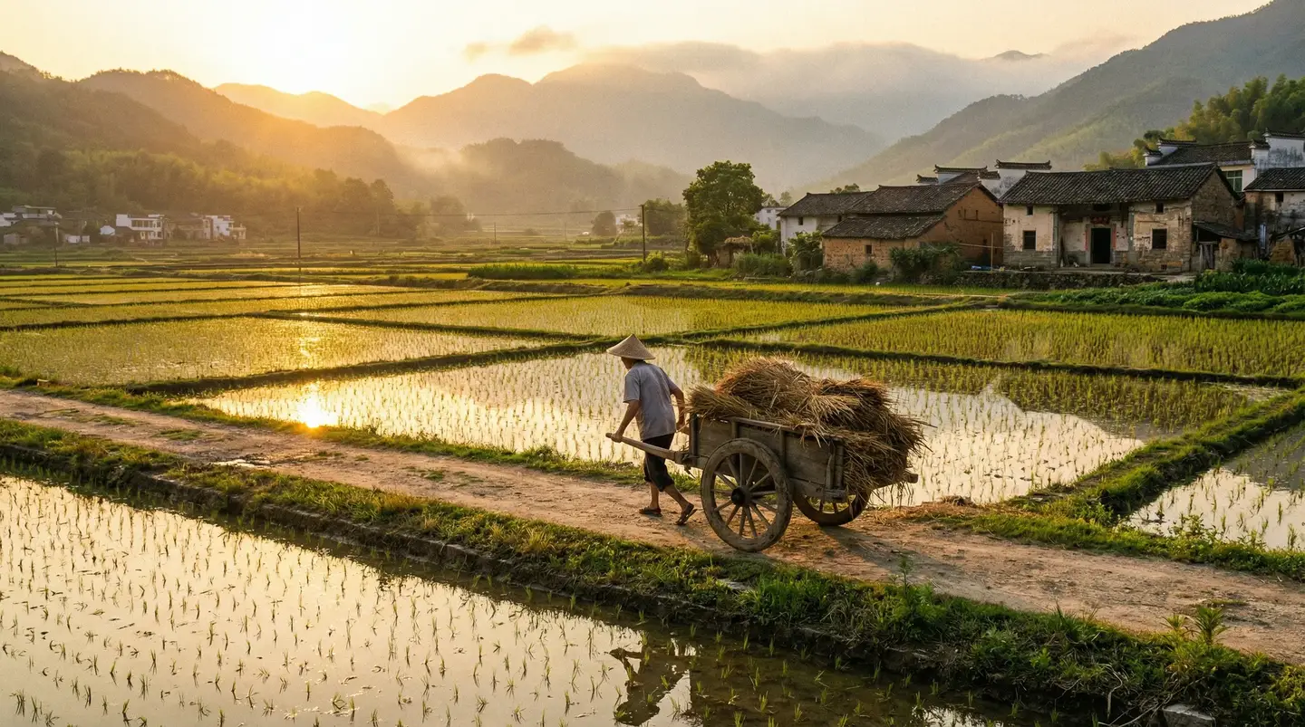 富二代app免费下载汅api在线下载 - 金色夕阳下的乡村田野，老农推着木车行走在田埂上